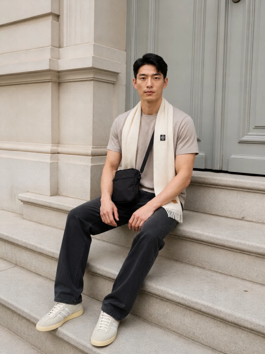 Stone island tee black jeans beige adidas sneakers