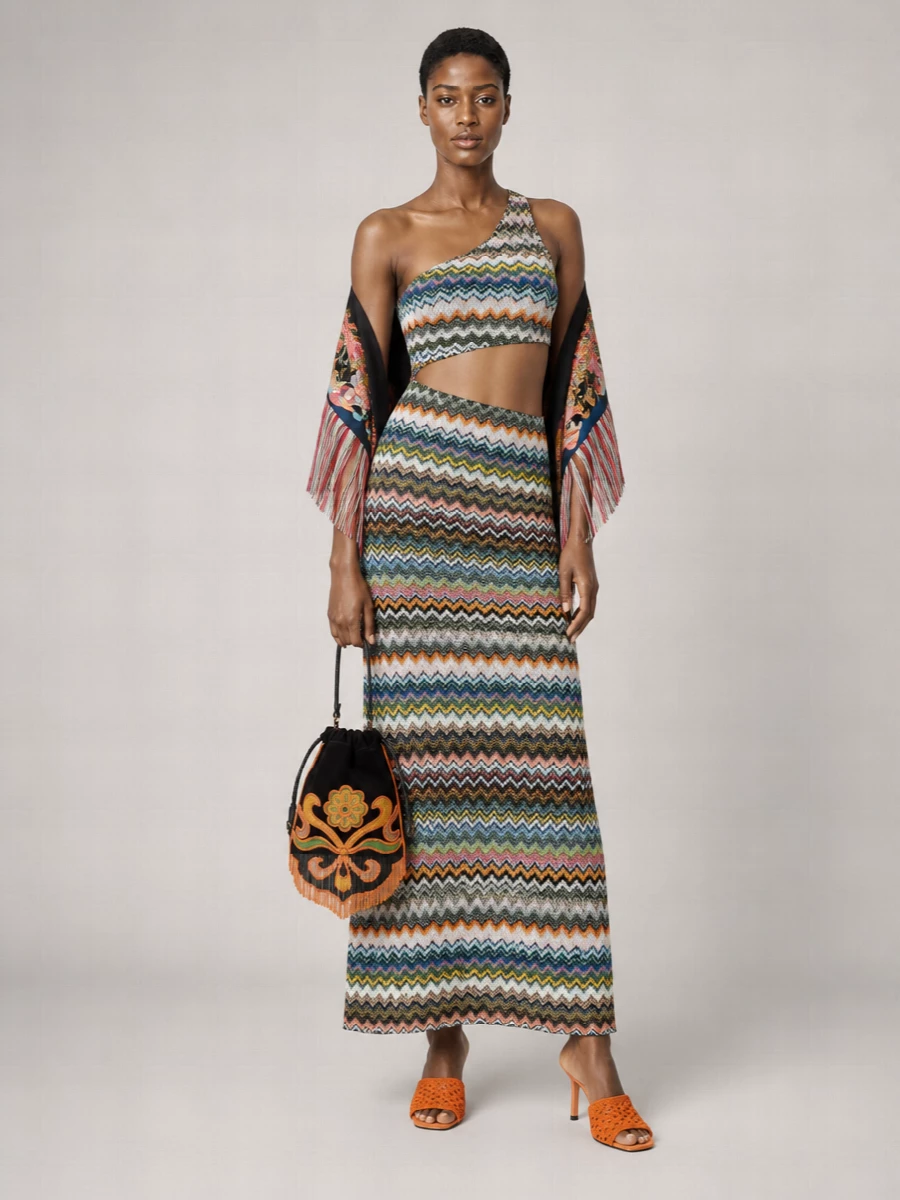 Missoni One Shoulder Knit Dress Zigzag Detail