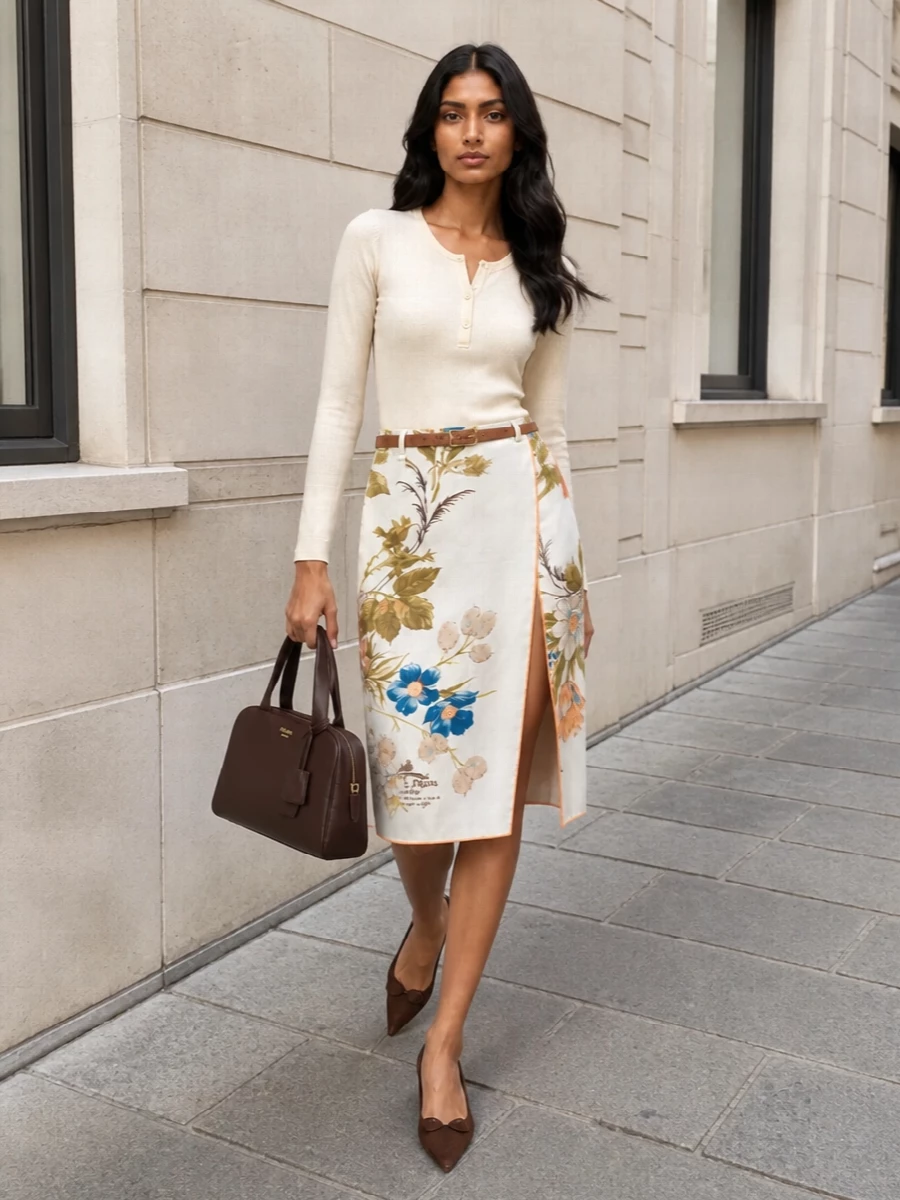 This look lets Prada’s floral wrap skirt take centre stage, anchored by a whisper-light butter-cream henley knit that keeps the line clean and romantic. Chocolate suede kitten heels and a structured top-handle bag introduce rich depth against the ivory, while a slim tan belt quietly echoes the skirt’s own belt and golden-tan botanicals for a perfectly balanced FW ensemble that feels polished yet softly feminine.
