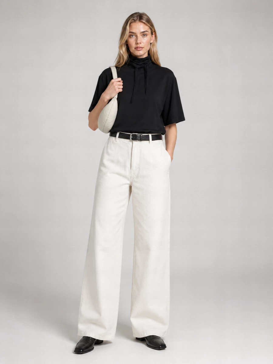 A black high-neck tee is cut through with soft ivory wide-leg trousers for a graphic, quiet contrast that still feels relaxed. The slim black belt and square-toe loafers keep the line clean and grounded, while the stone mini hobo adds a small, sculptural counterpoint at the shoulder. It is an easy city uniform that reads considered from gallery afternoons to late dinners.