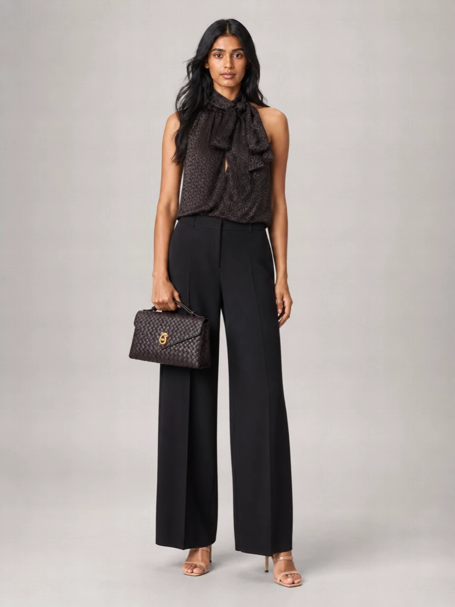 Gucci’s jacquard halterneck is grounded with Balenciaga’s fluid black wide-leg, so you get a long, uninterrupted line that feels precise rather than fussy. Nude Jimmy Choo heels keep the focus on the rich espresso tones and movement of the back tie, while the espresso Bottega top-handle adds discreet structure and texture in the hand. It is a dark, sculpted evening ensemble that reads assured and modern for summer dinners or cocktail hours.