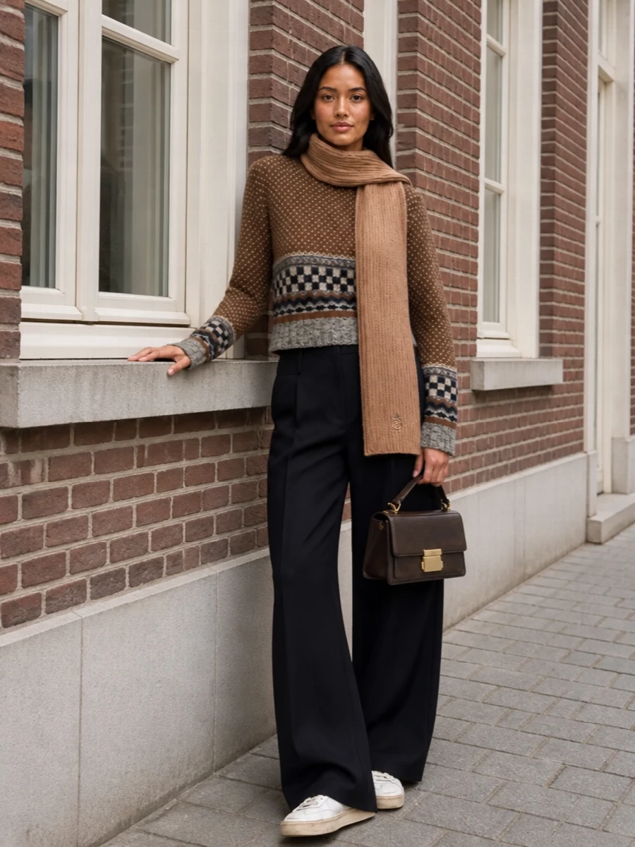 Golden goose sweater wide leg trousers outfit