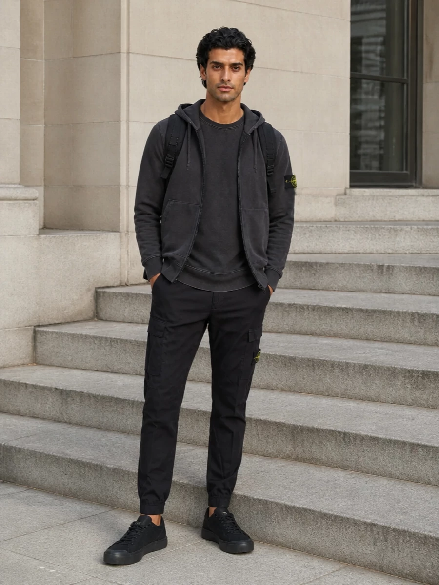 Head to toe Stone Island in washed charcoal and black gives a tight, technical street uniform that feels considered without trying. The crew neck under the zip hoodie keeps the lines clean, while cargo joggers, tonal sneakers and a streamlined backpack make this ready for city days, travel and everything in between.