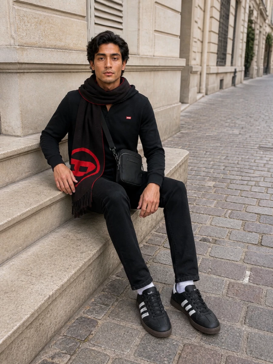 Diesel black hoodie black jeans adidas sneakers