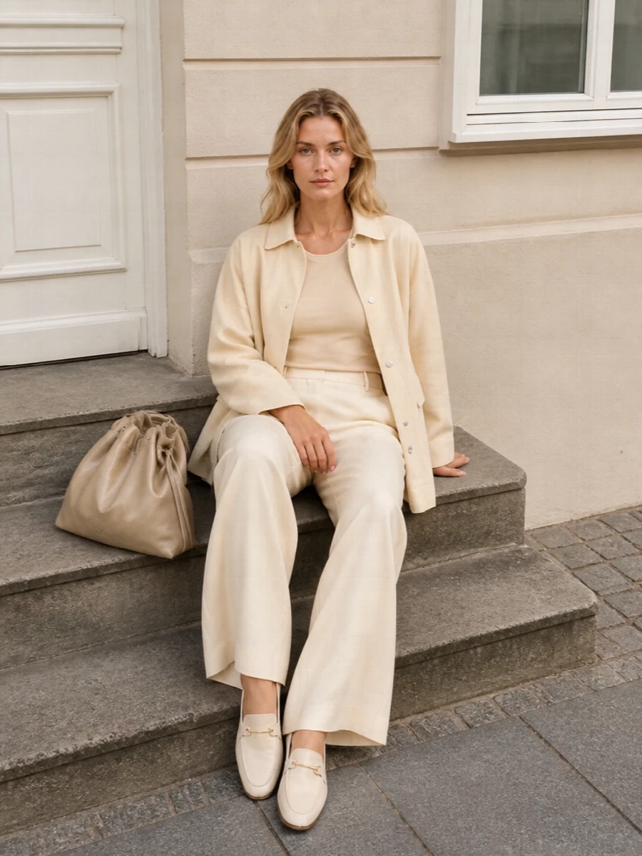 Toteme neutral jacket wide leg trousers outfit