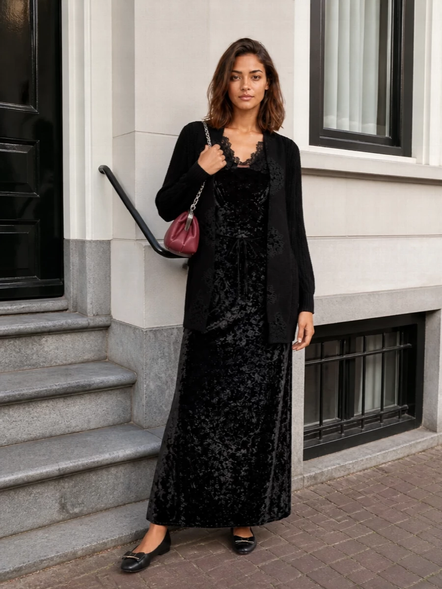 Ermanno black lace cardigan velvet maxi dress