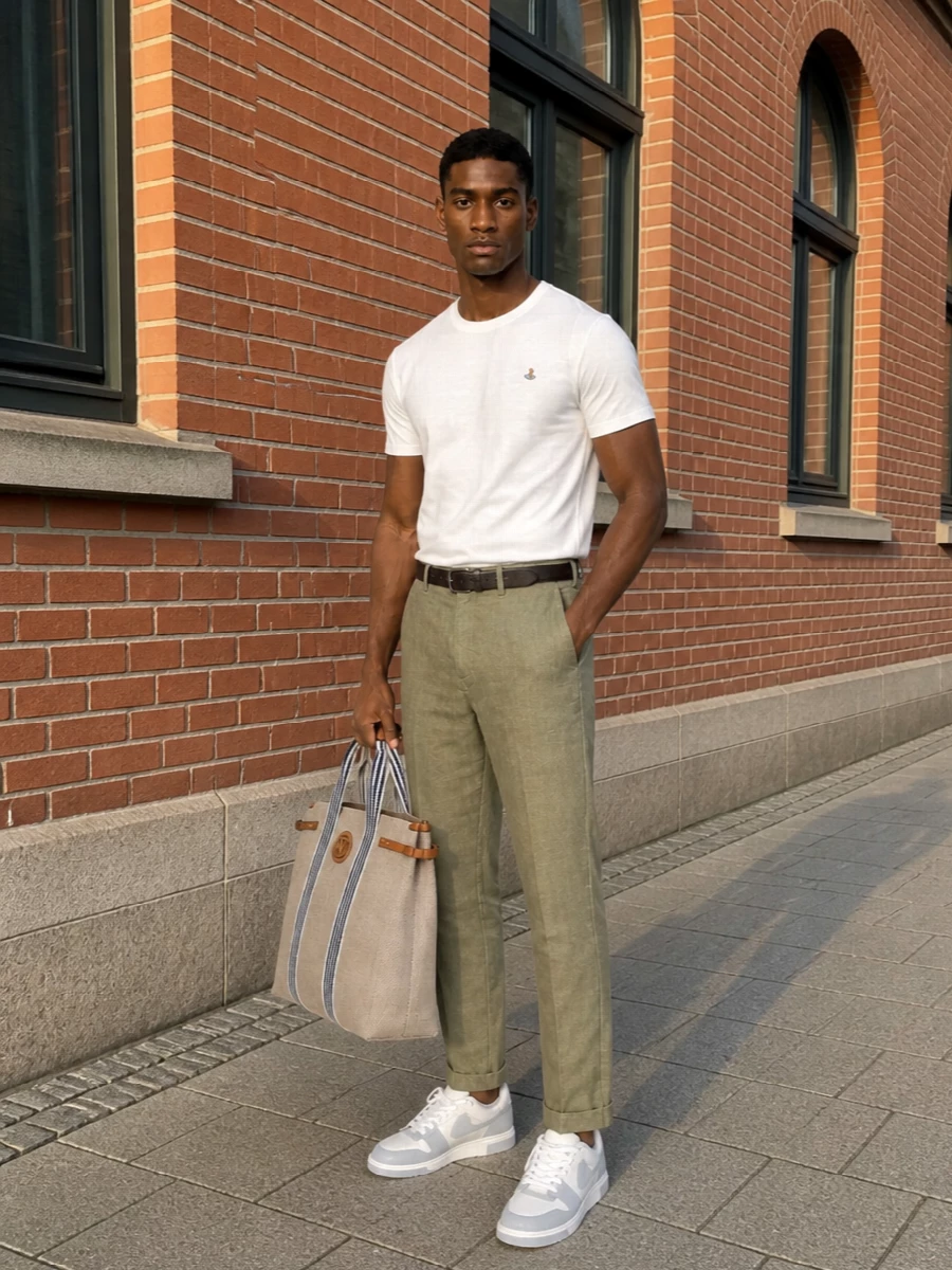 Crisp and low-key, this pairing lets the white orb tee sit against muted sage tailoring for a fresh, modern take on off-duty polish. Soft white and grey sneakers keep the mood relaxed but precise, while the canvas tote and slim belt introduce a hint of Riviera preppy energy without breaking the minimalist line.