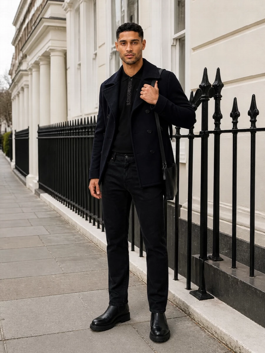 Diesel navy peacoat black jeans chelsea boots