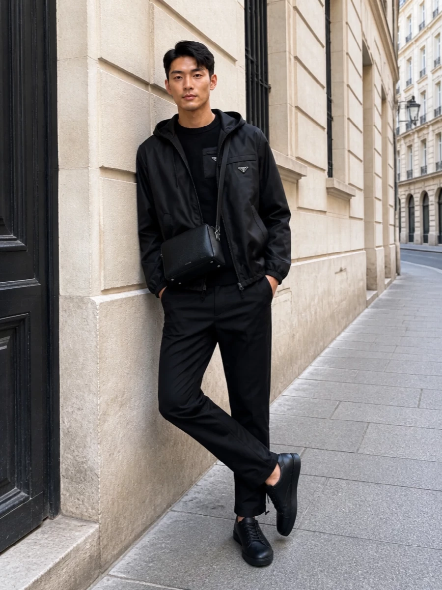 Prada windbreaker black trousers minimalist outfit