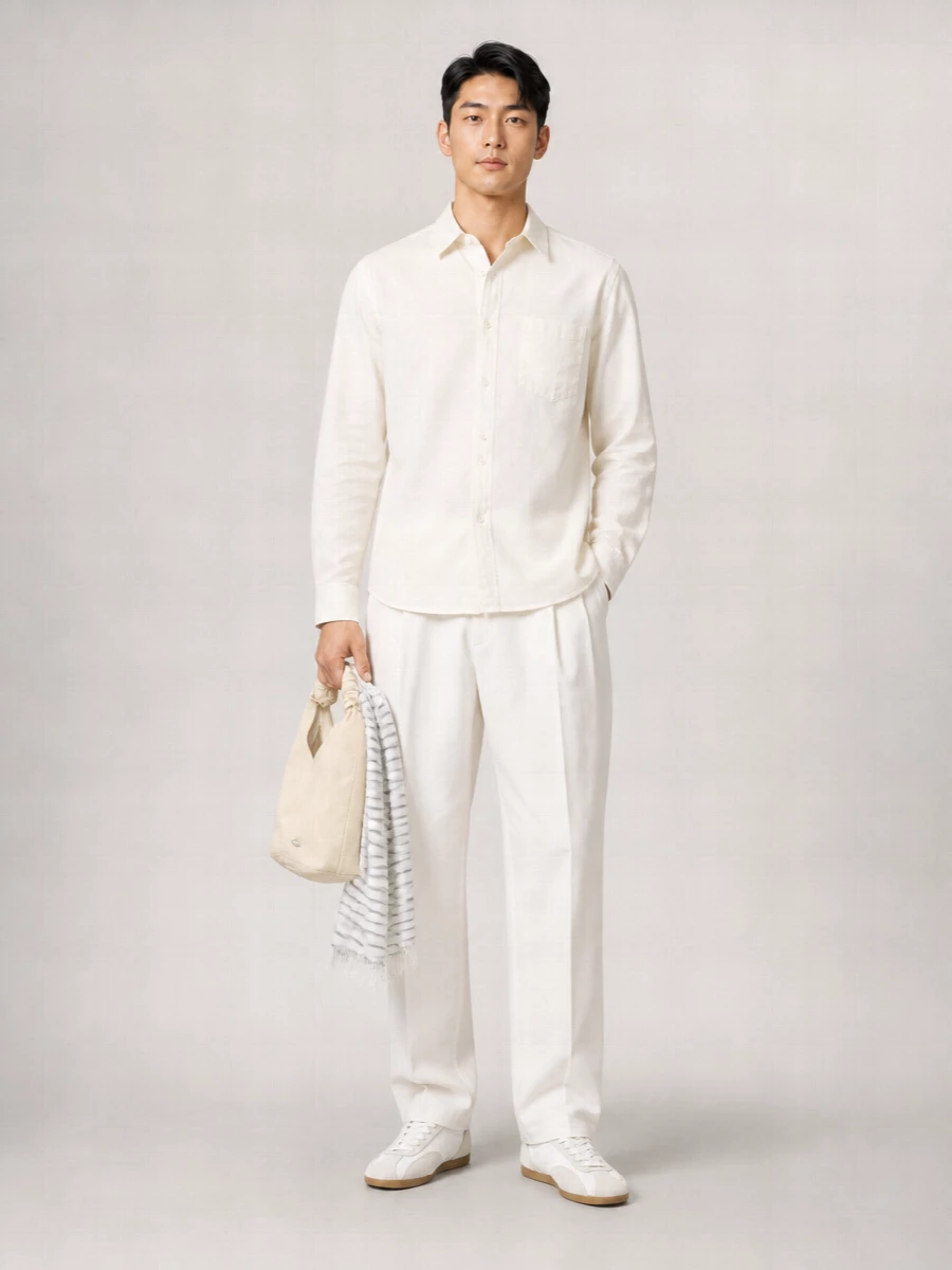 A soft off-white shirt meets equally light straight-leg trousers for a calm, monochrome take on streetwear. Off-white trainers and a butter-toned mini tote keep everything in the same muted register, while a fine striped scarf adds just enough contrast without disturbing the clean lines.