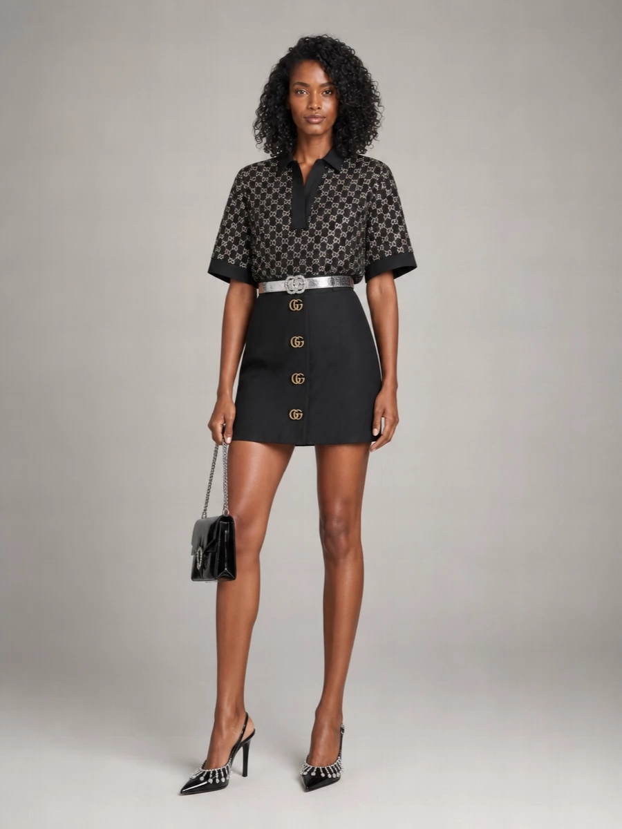 Gucci Lame Tweed Short-Sleeve V-Neck Top