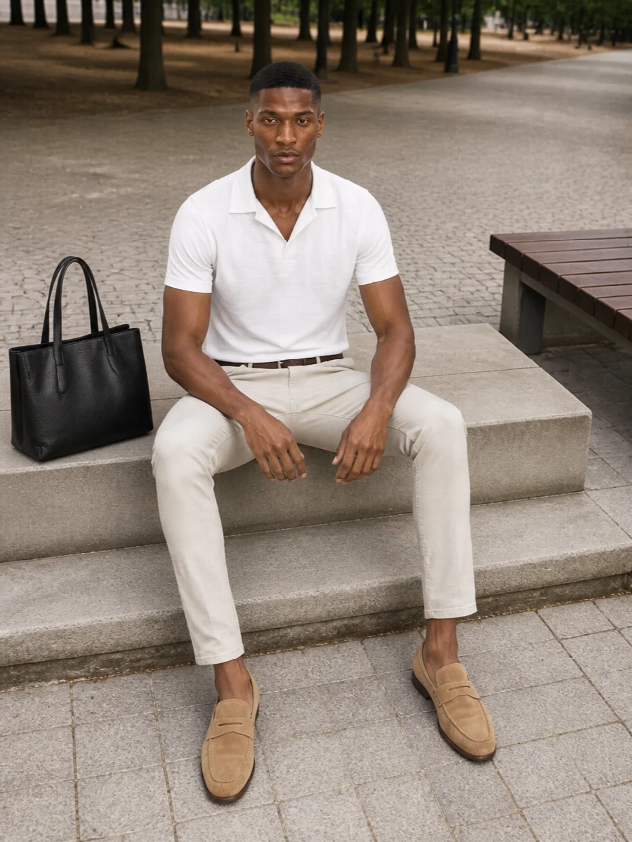 Light-beige tailored trousers meet a clean white open-collar polo for a quietly polished, modern preppy take on warm-weather dressing. Sand suede loafers keep the line relaxed yet refined, while a dark suede belt and structured black tote add just enough contrast and definition. The result is a monochrome-neutral city uniform that moves easily from coffee runs to smart casual dinners without ever feeling overdone.