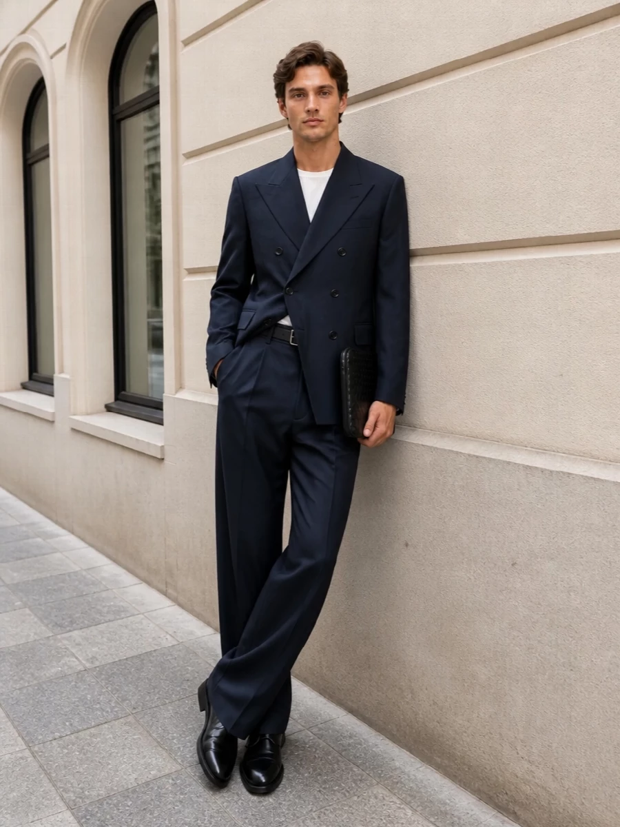 Dries van noten navy blazer wide leg trousers