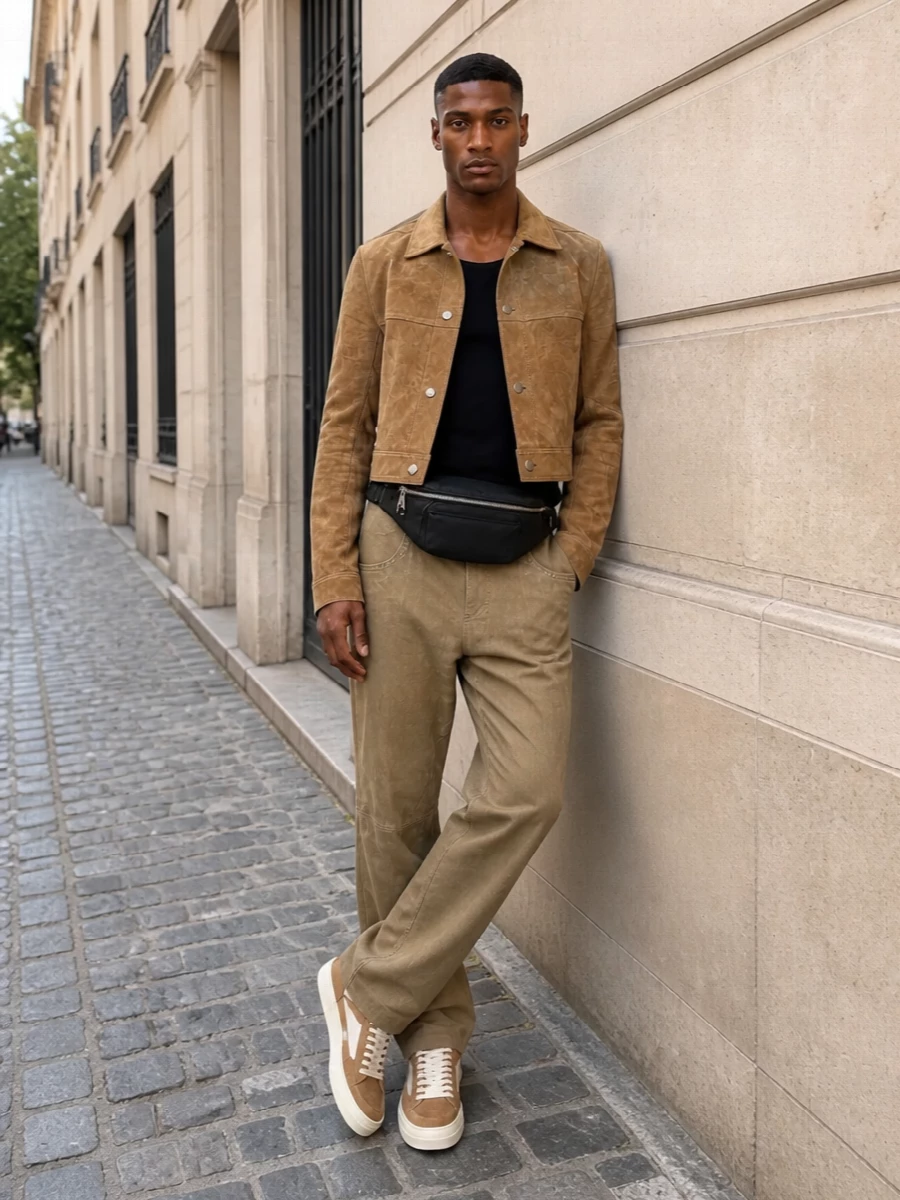 Rick owens suede jacket neutral trousers outfit
