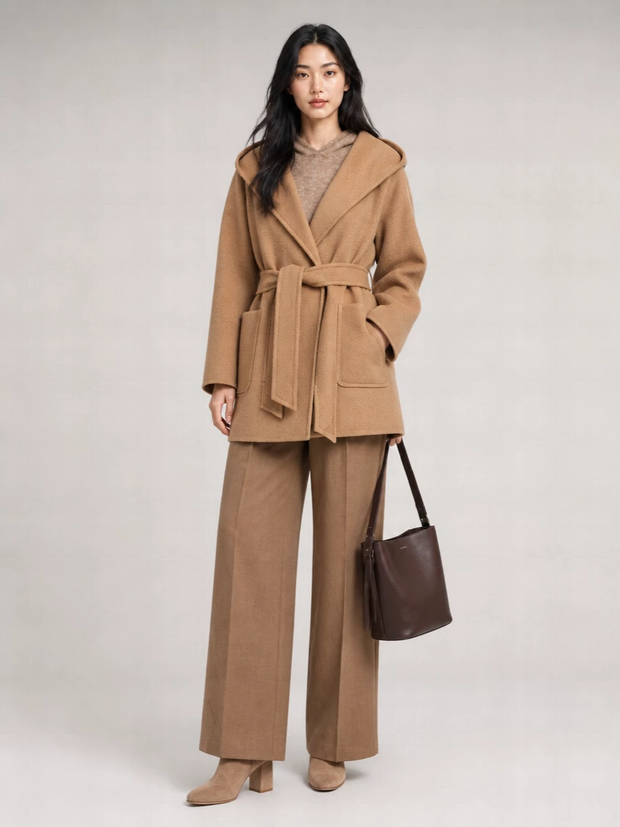 Max Mara Camel Hair Hooded Belted Single Breasted Coat