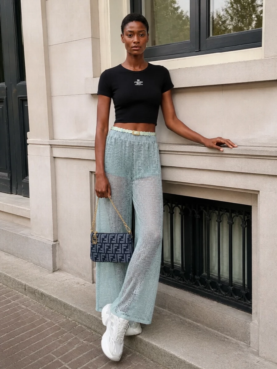 Fendi mint sheer pants black crop top sneakers