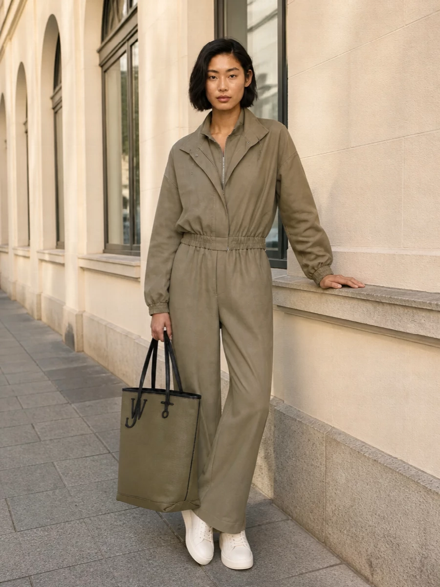 Frankie shop utility jacket taupe jumpsuit outfit