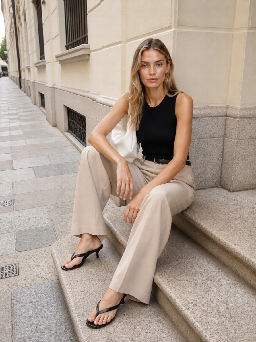 Parosh black tank beige wide leg trousers outfit
