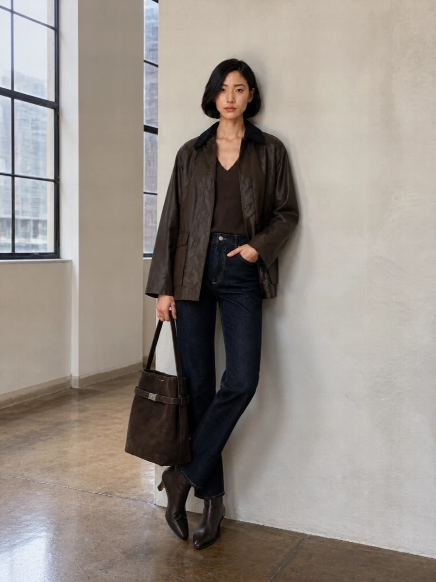 Toteme waxed coat dark denim brown boots