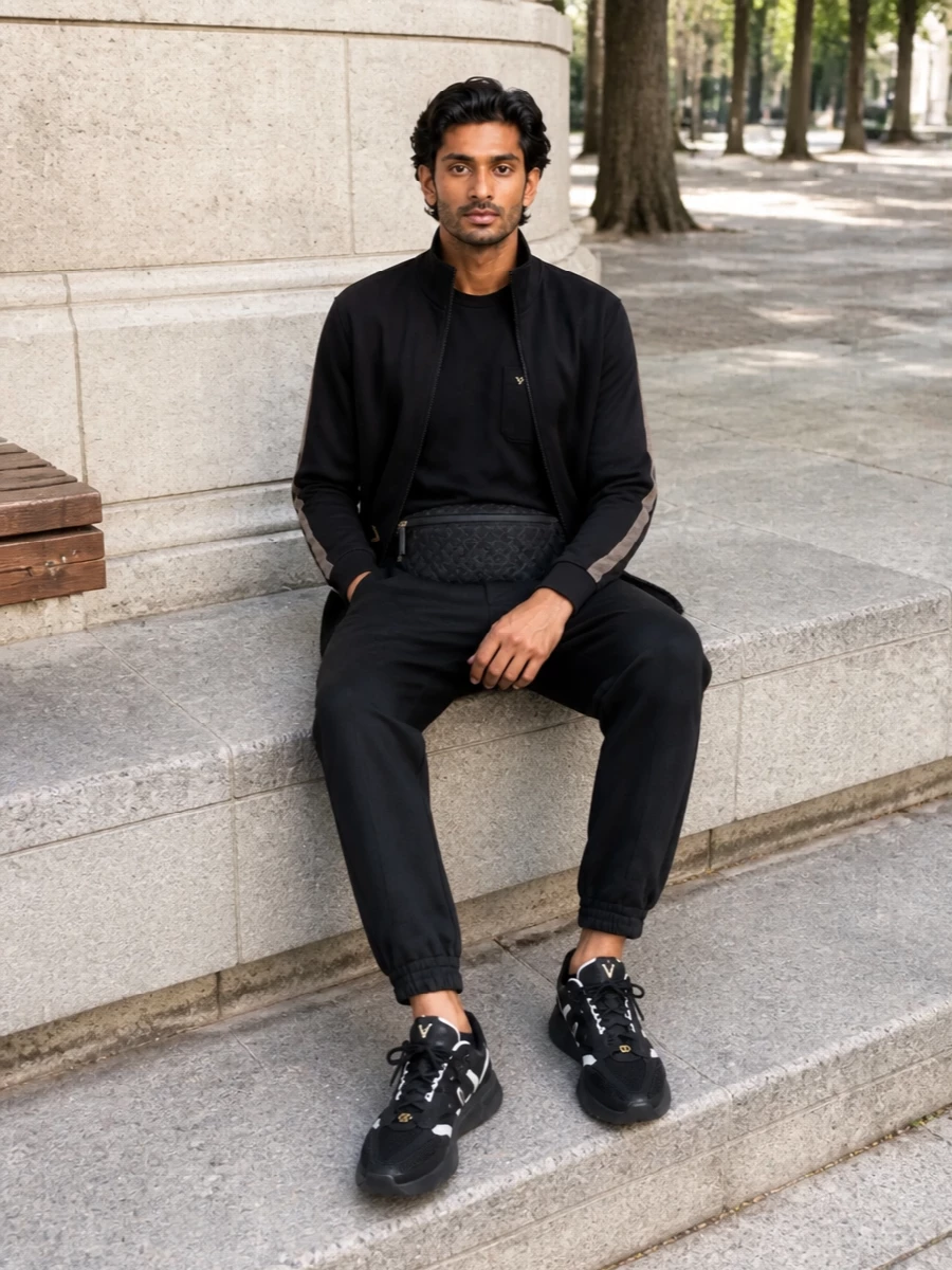 Valentino garavani black track jacket outfit