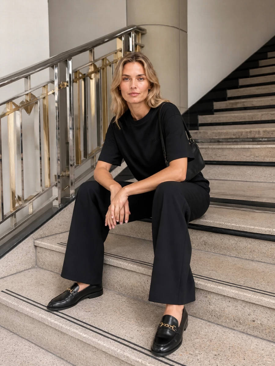 A relaxed black Gucci tee sits over fluid black tailoring for a monochrome line that feels calm, precise and quietly expensive. The slight drape in the trouser keeps the outfit soft, while polished black loafers and a slim shoulder bag sharpen it just enough for city days and low-key dinners. It is an understated, street-aware uniform built entirely on proportion and texture rather than logos.