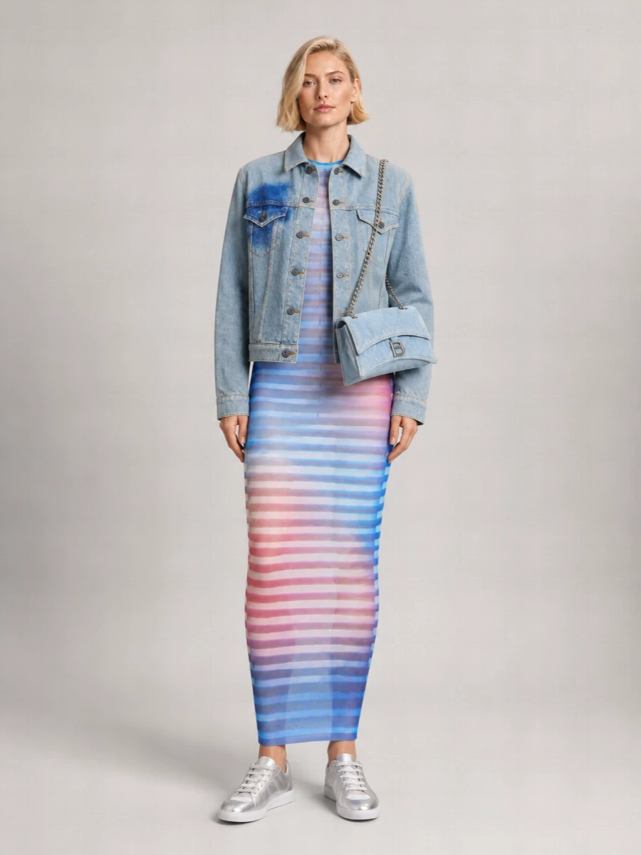 This is a graphic, night-in-the-city denim story built around Gaultier’s striped mesh maxi and the light-wash trucker, leaning into cool blues and sunset tones rather than heavy black. The metallic Margiela sneakers and quilted Balenciaga cross-body keep it street and mobile, so the drama stays in the print and proportion instead of in sky-high heels. I chose the dress route instead of jeans because the sheer column against the structured trucker reads sharper and more intentional than layering denim-on-denim-on-denim.