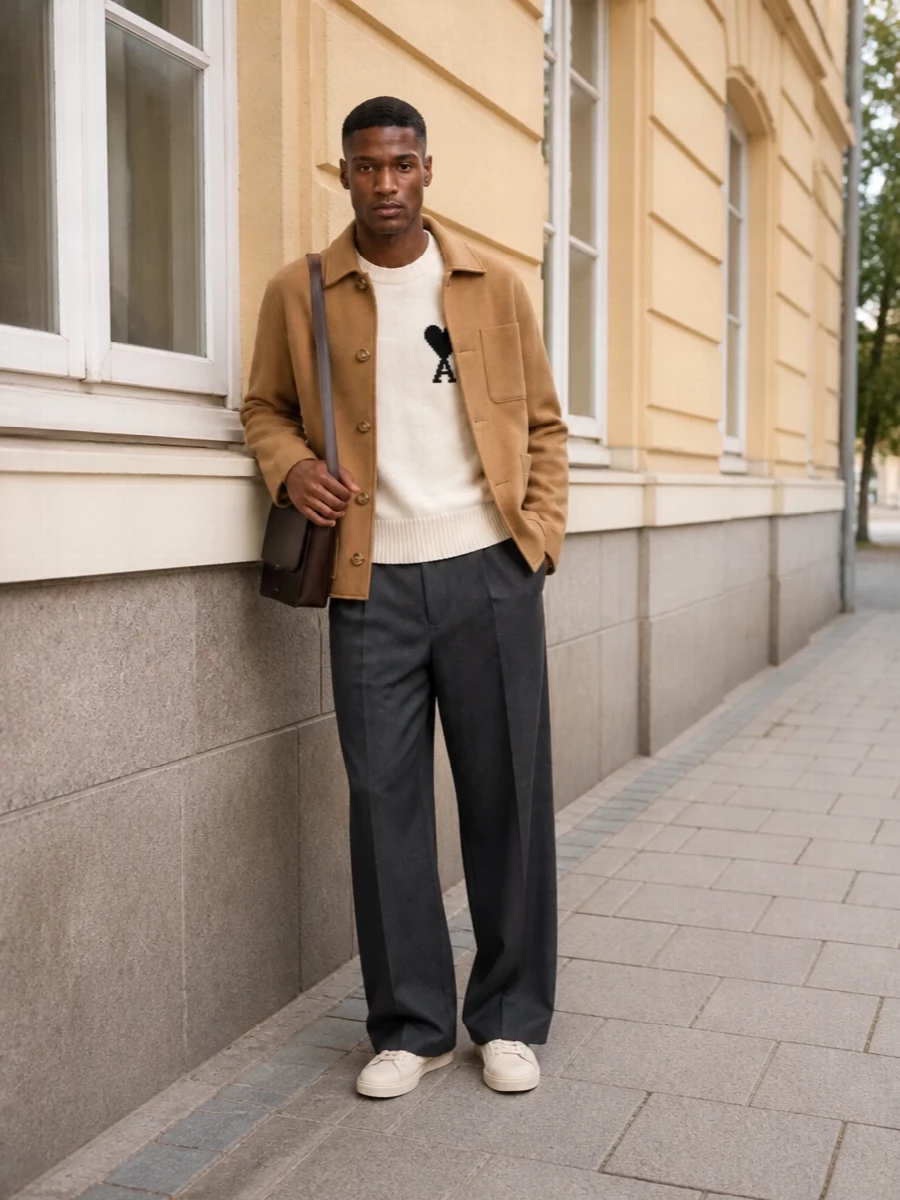 Ami paris camel coat charcoal trousers outfit
