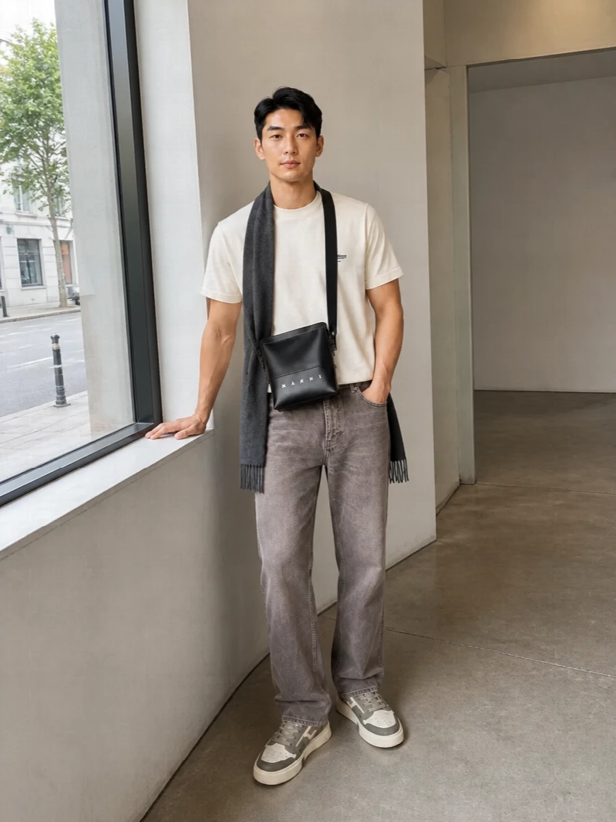 Represent off white tee grey denim outfit