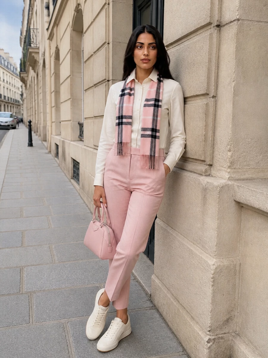 Burberry blush trousers ivory shirt outfit
