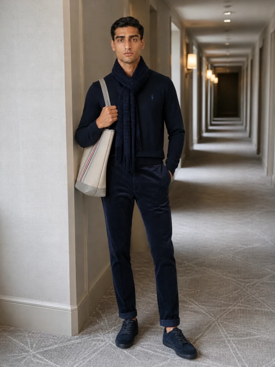 Ralph lauren navy sweater corduroy chinos outfit