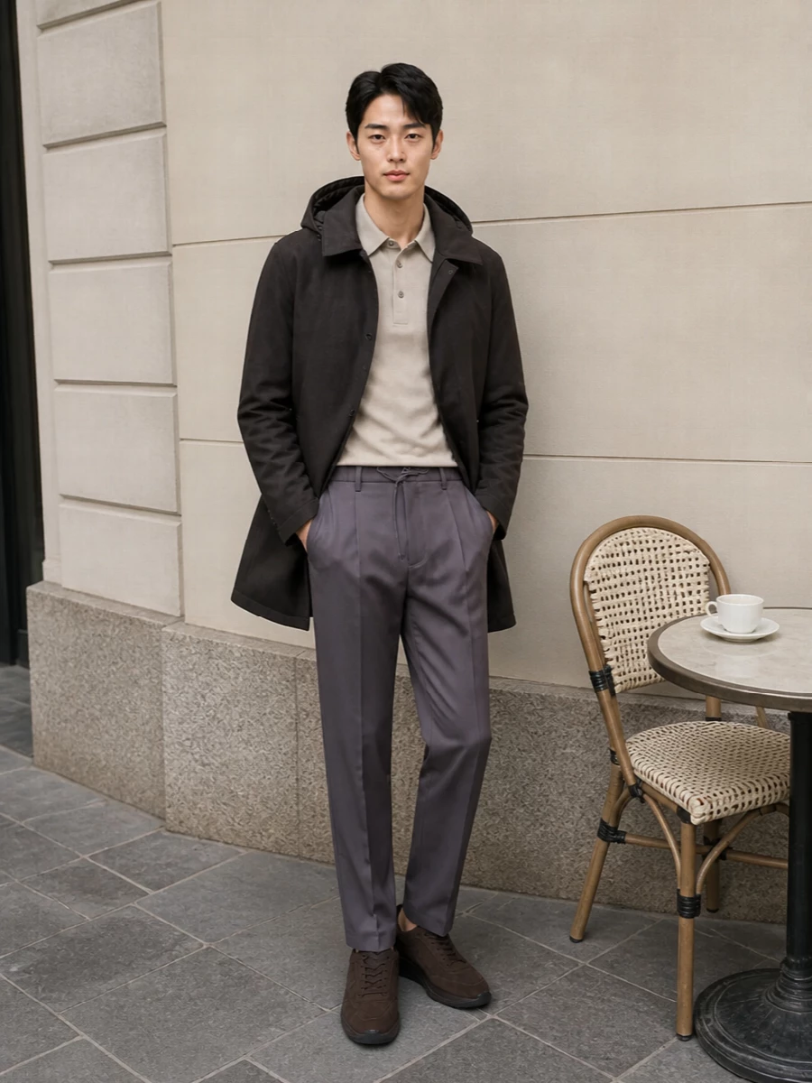 Herno parka taupe trousers brown sneakers