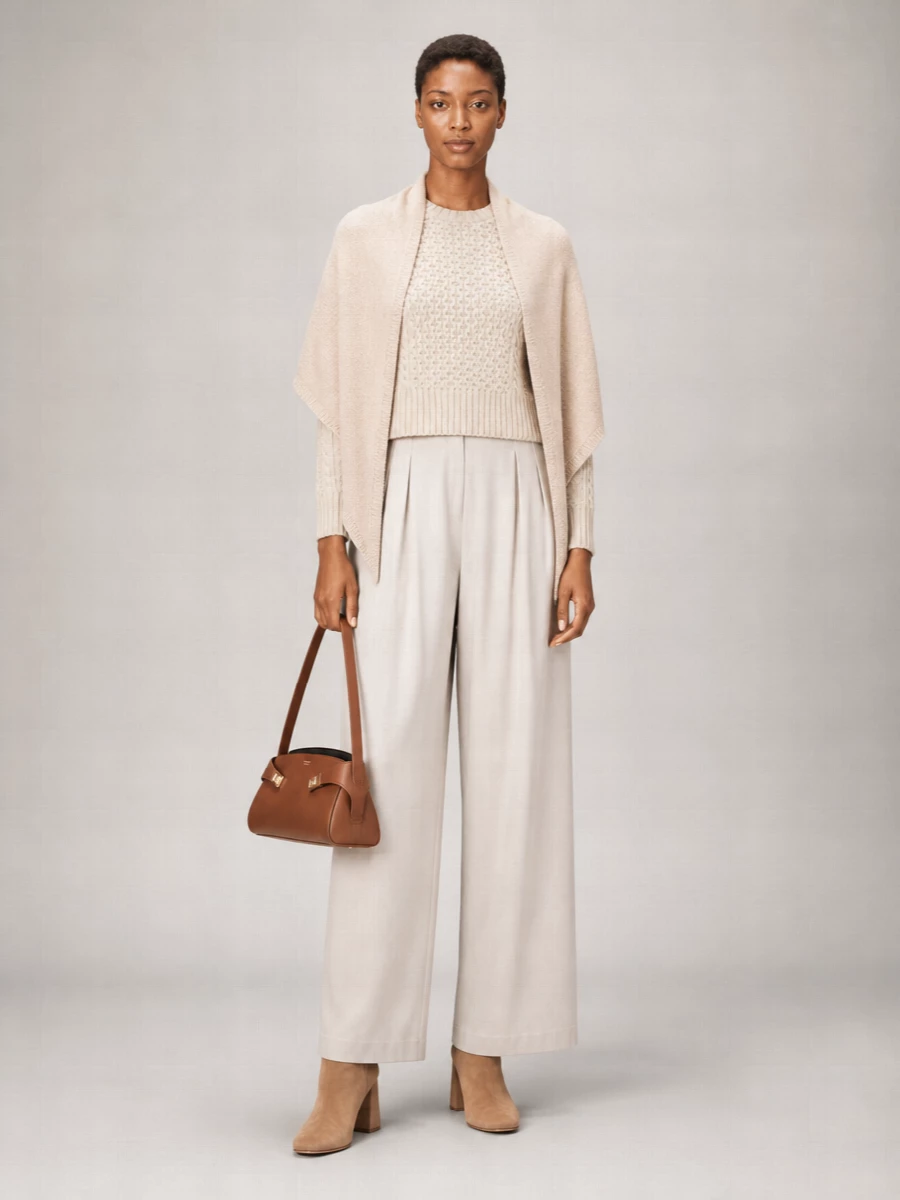 Soft ivory with pale stone and warm cognac creates a calm, tonal palette that feels considered rather than delicate. The cropped cable knit meets the high-waisted wide leg at exactly the right point, giving structure through the waist and fluidity through the leg. Camel suede boots and a sculpted cognac bag introduce just enough depth and texture to keep this neutral ensemble rich and modern for winter days in the city.