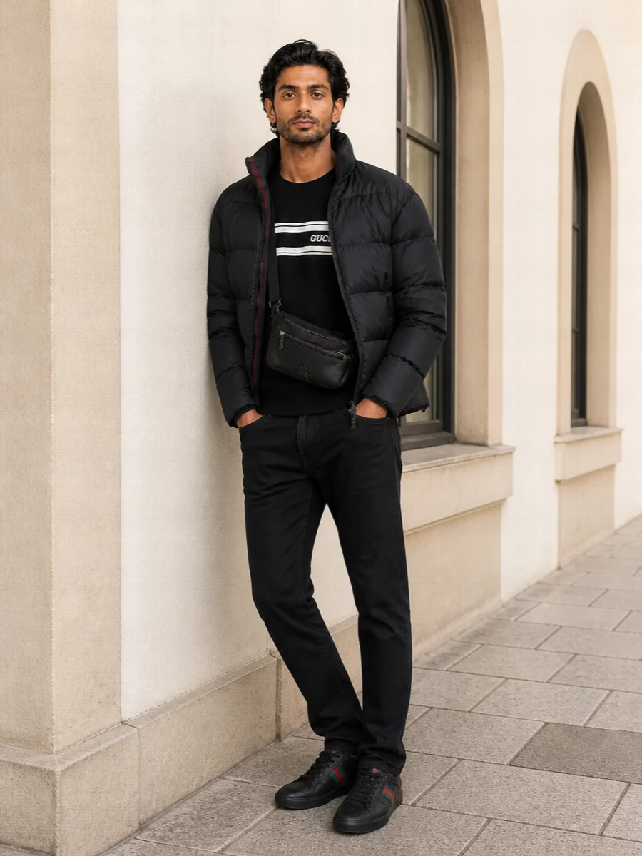 Gucci black puffer striped sweater denim outfit