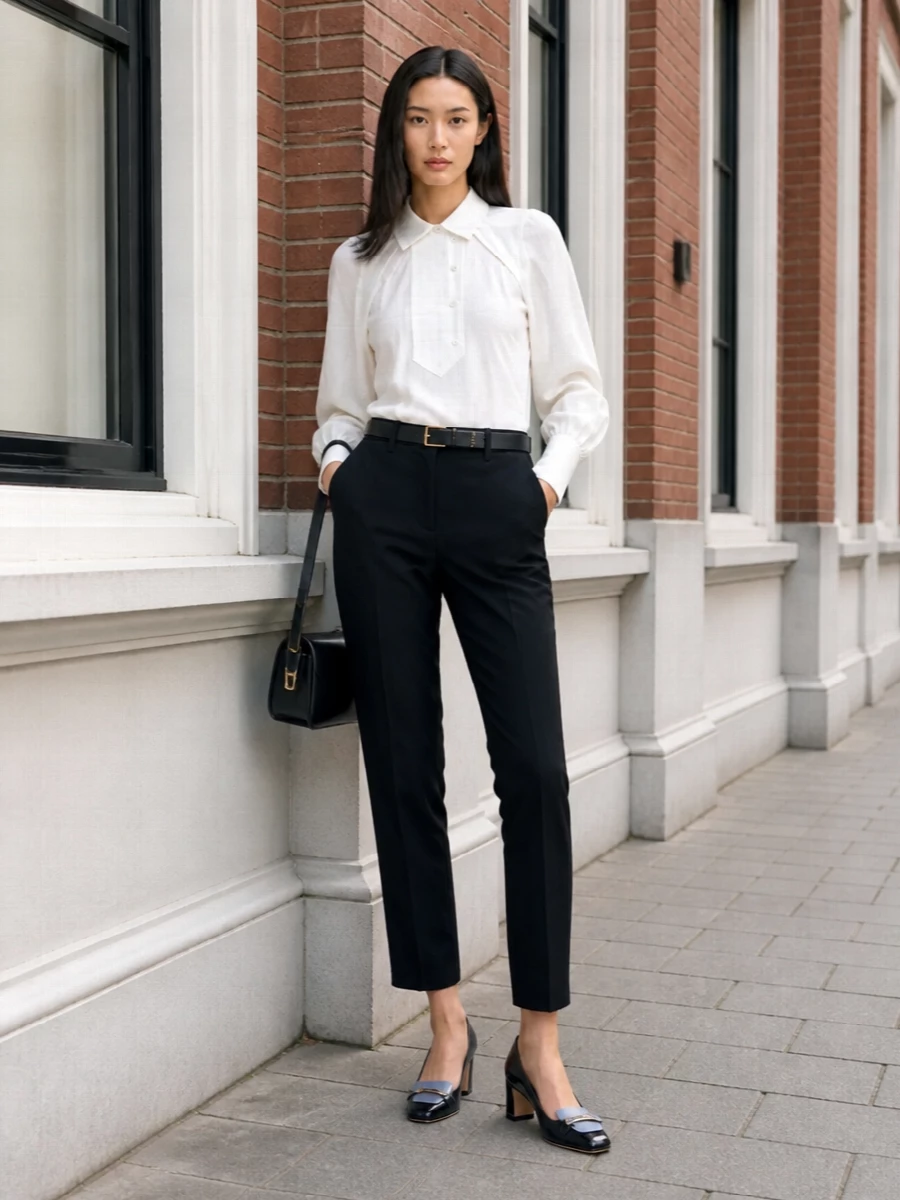 Patou navy trousers ivory blouse outfit