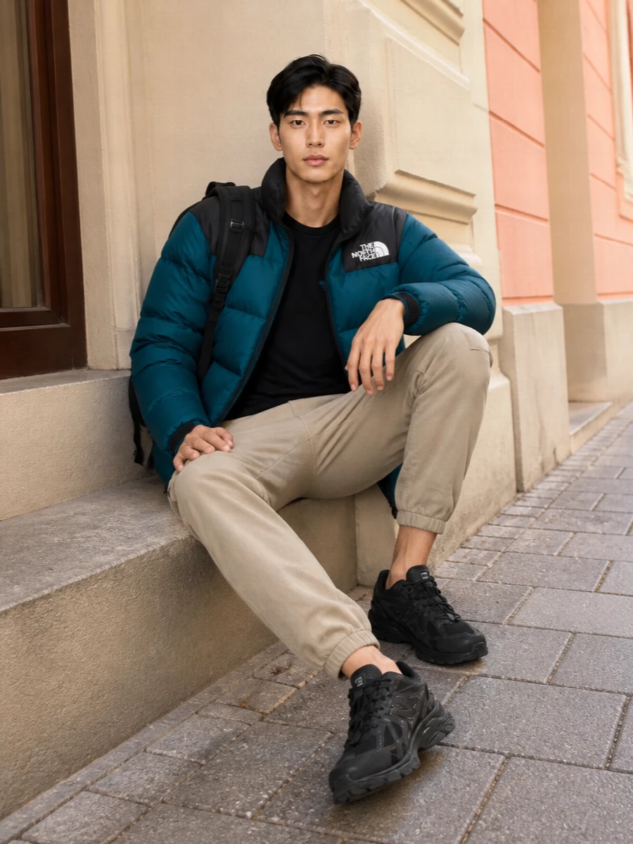 North face teal puffer joggers new balance outfit