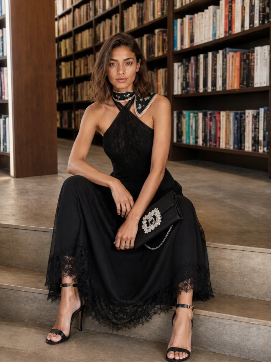 Ermanno firenze black lace evening dress outfit