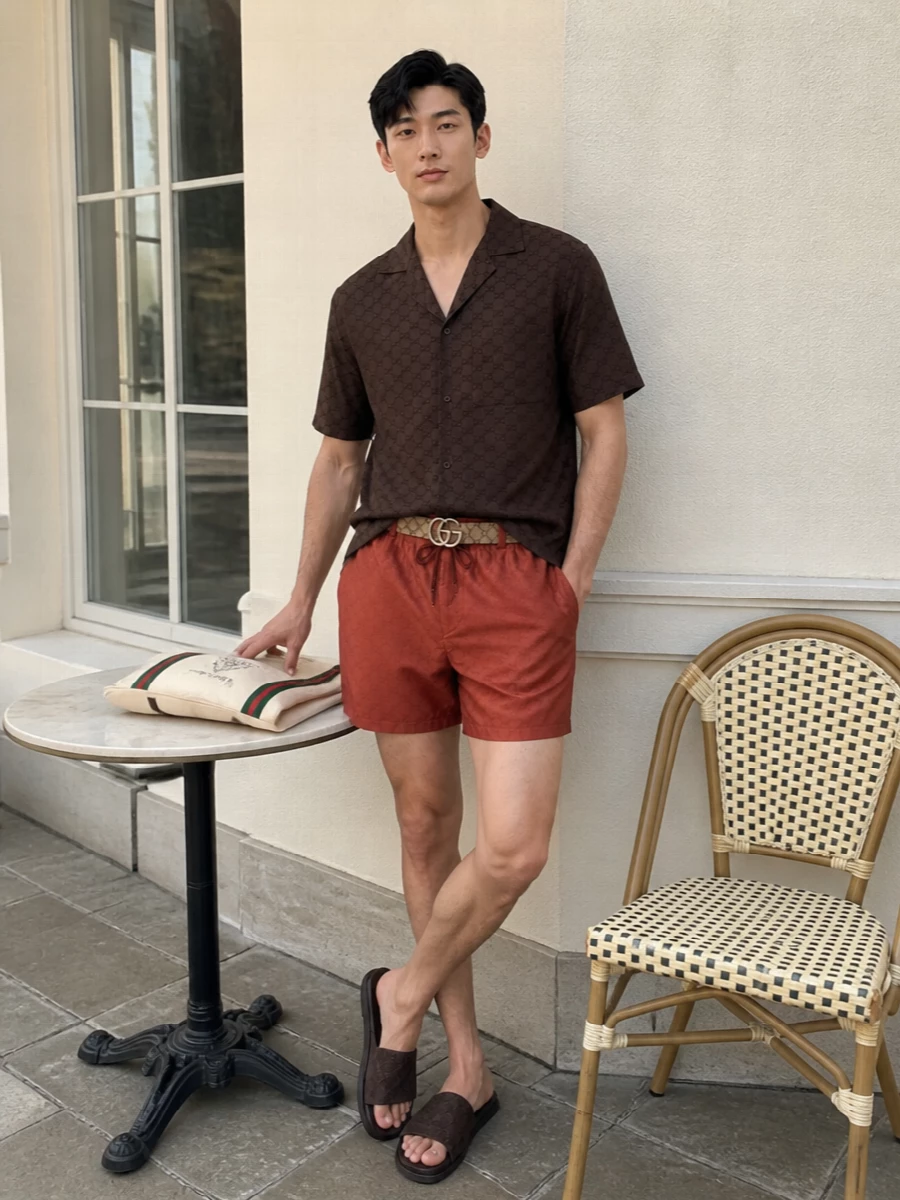 Gucci terracotta swim shorts brown camp shirt