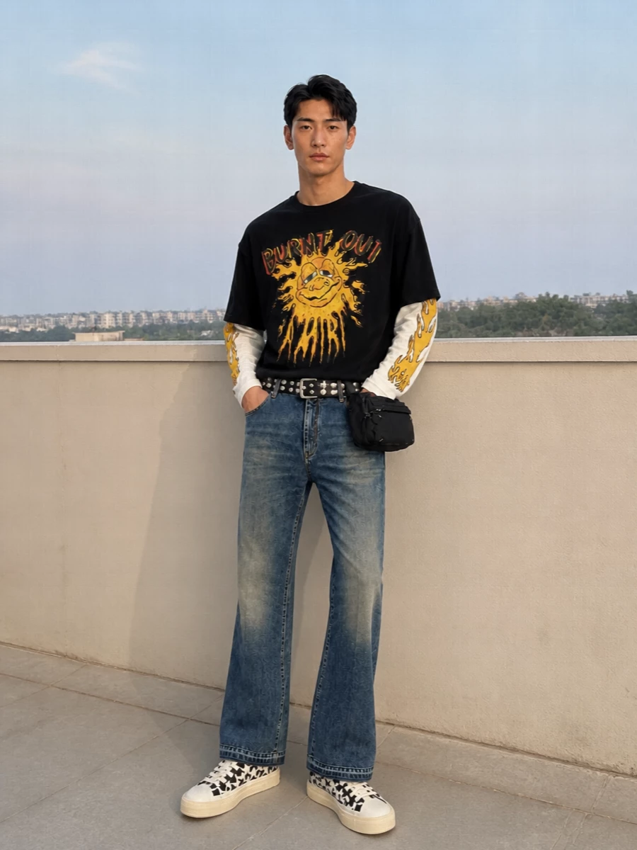 Amiri flared jeans graphic tee high top sneakers