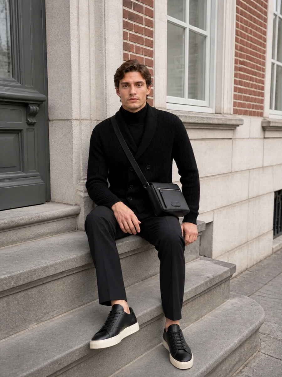 Tom ford black cardigan tailored trousers outfit