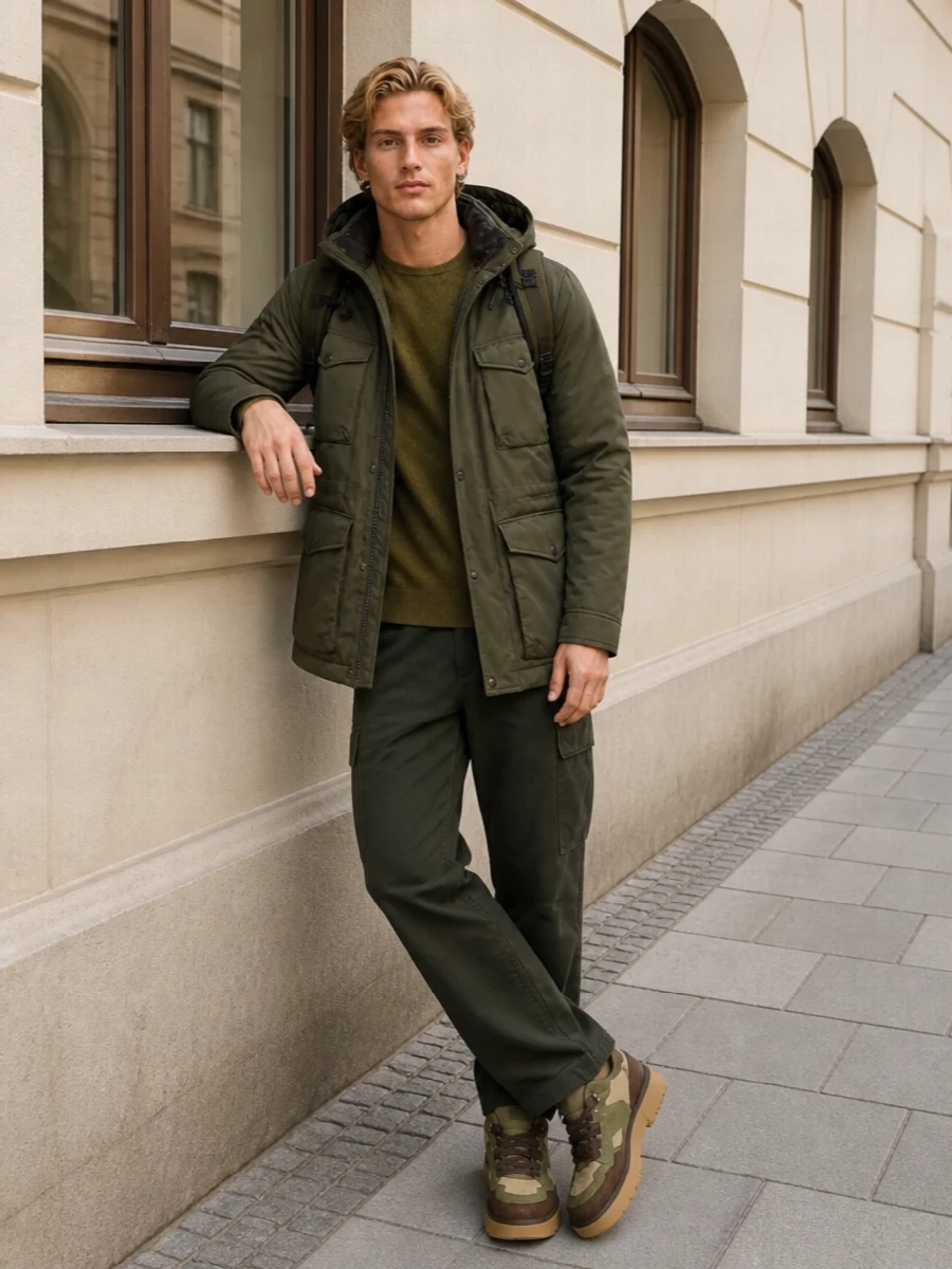 Woolrich parka cargo pants ugg sneakers
