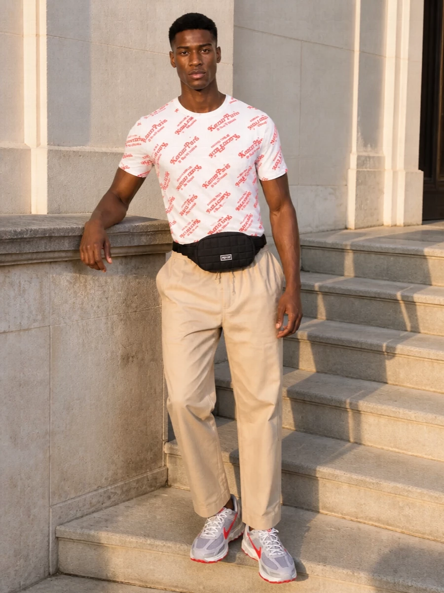 Kenzo logo tee beige trousers nike sneakers