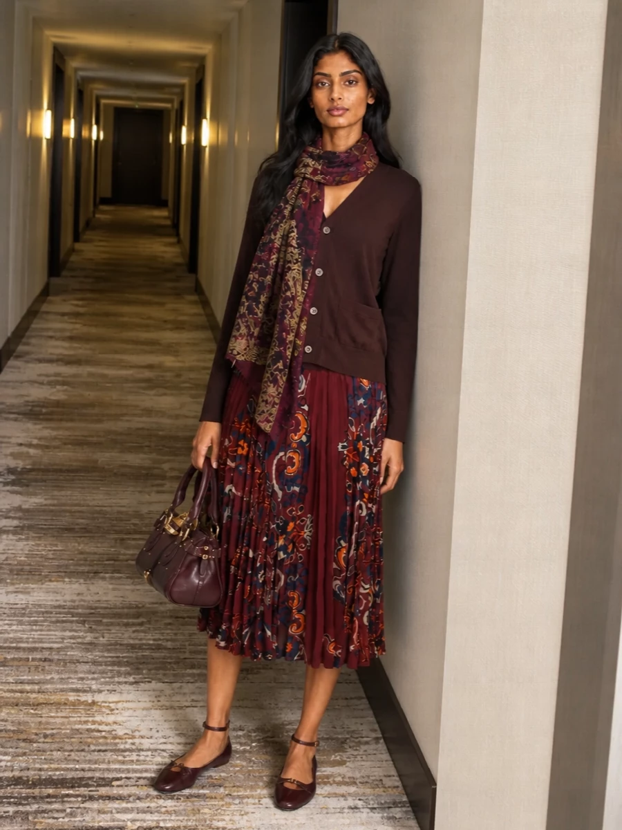 Sacai pleated midi chloe burgundy bag outfit