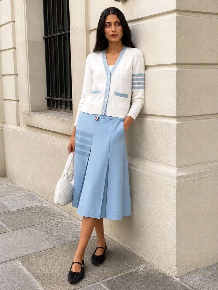 Powder blue pleated midi skirt cardigan outfit