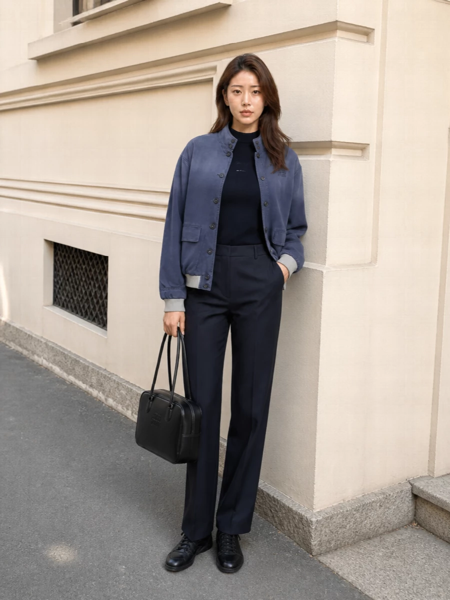 Miu miu navy bomber tailored trousers outfit