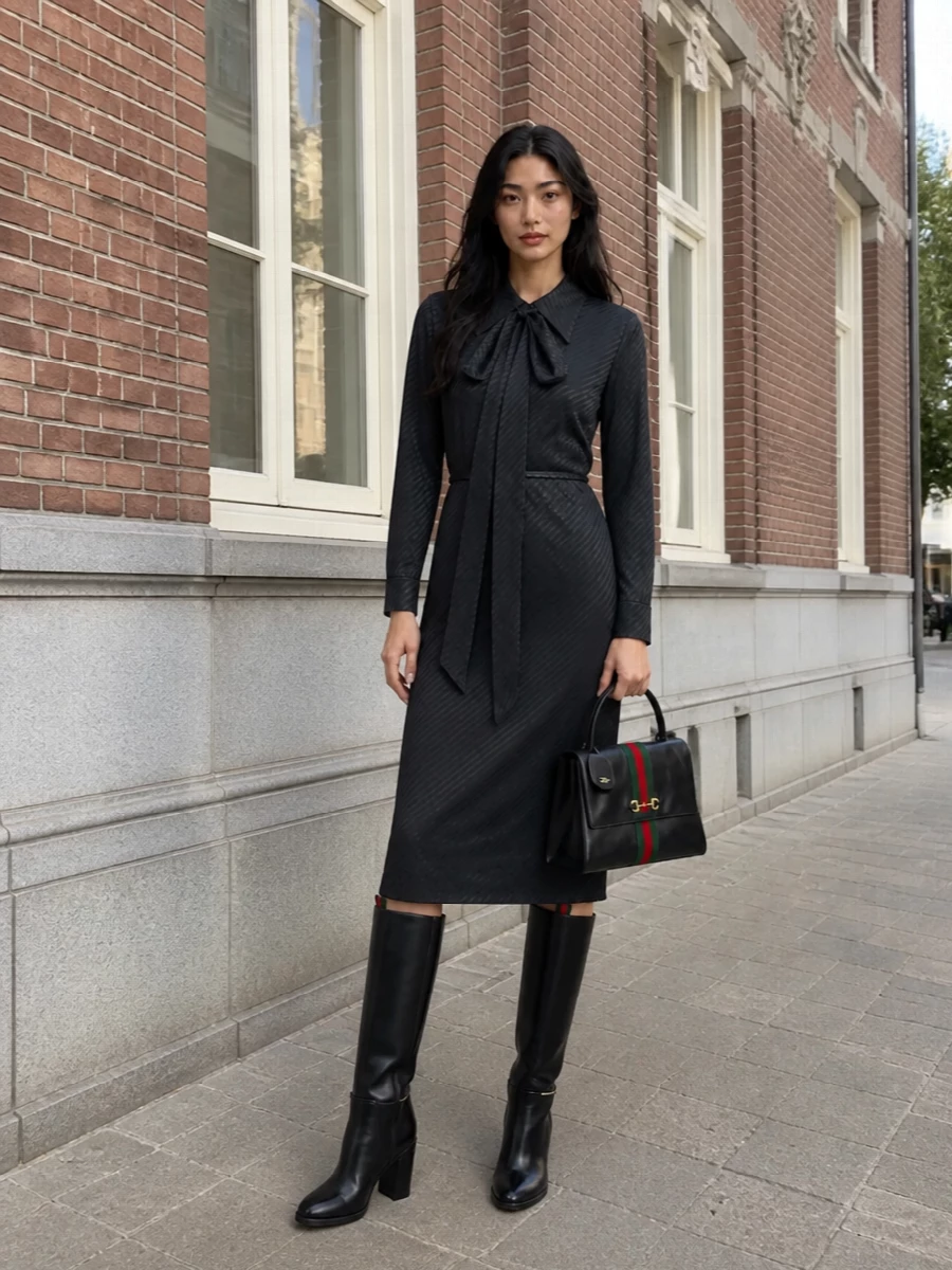 Gucci charcoal shirt dress black knee boots