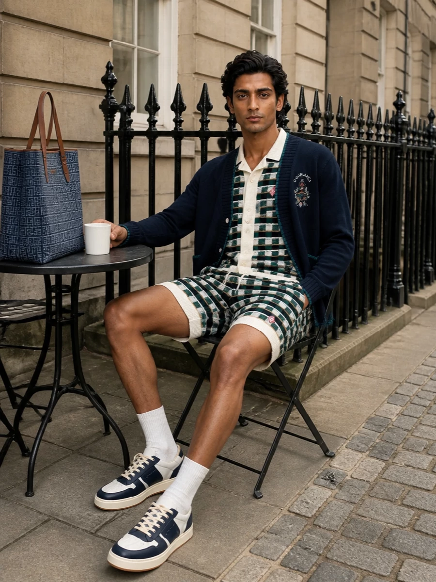 Casablanca cardigan shorts navy sneakers outfit
