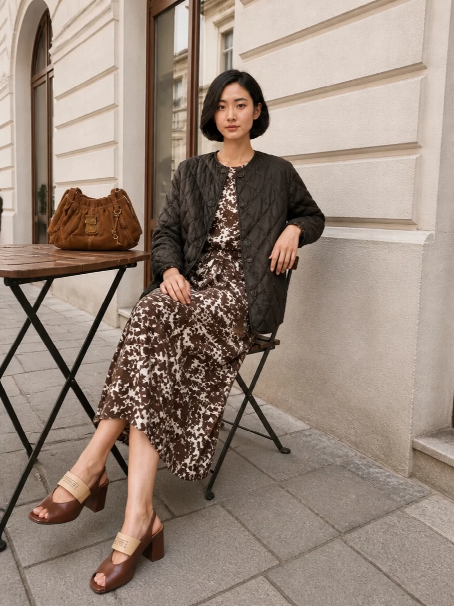Max mara brown midi dress quilted coat