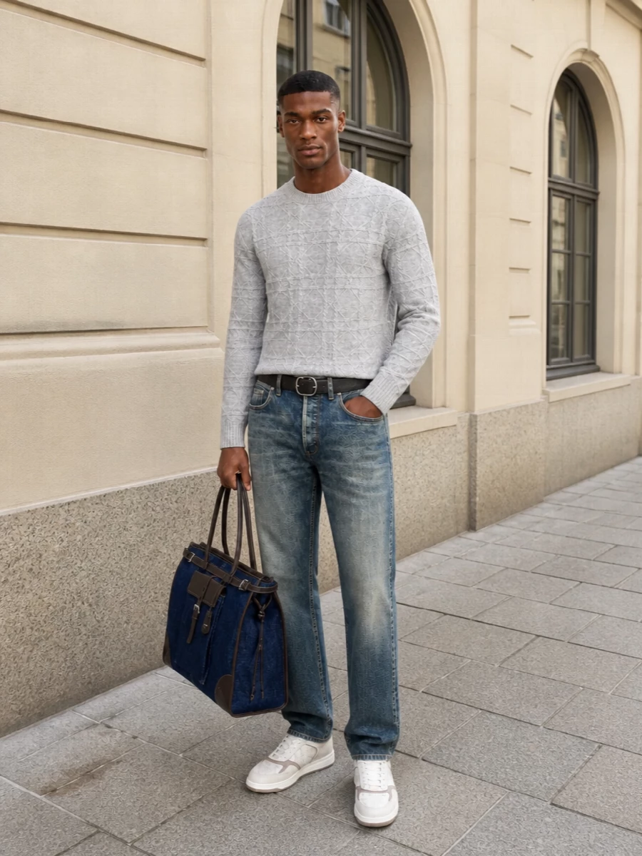 Faded straight-leg denim is paired with a textured light grey crewneck for a calm, modern base that reads relaxed but considered. Cream and taupe court sneakers echo the soft neutrals, while a substantial inky denim tote and slim black belt add structure and function without breaking the quiet mood. The result is a polished off-duty city ensemble that moves easily from coffee runs to casual dinners in cooler weather.