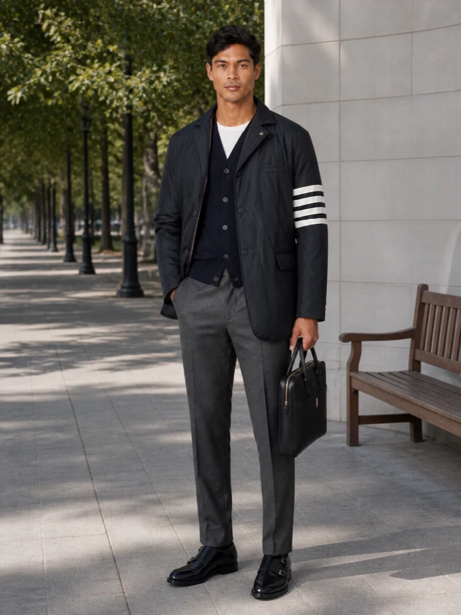 Thom browne navy padded blazer coat outfit