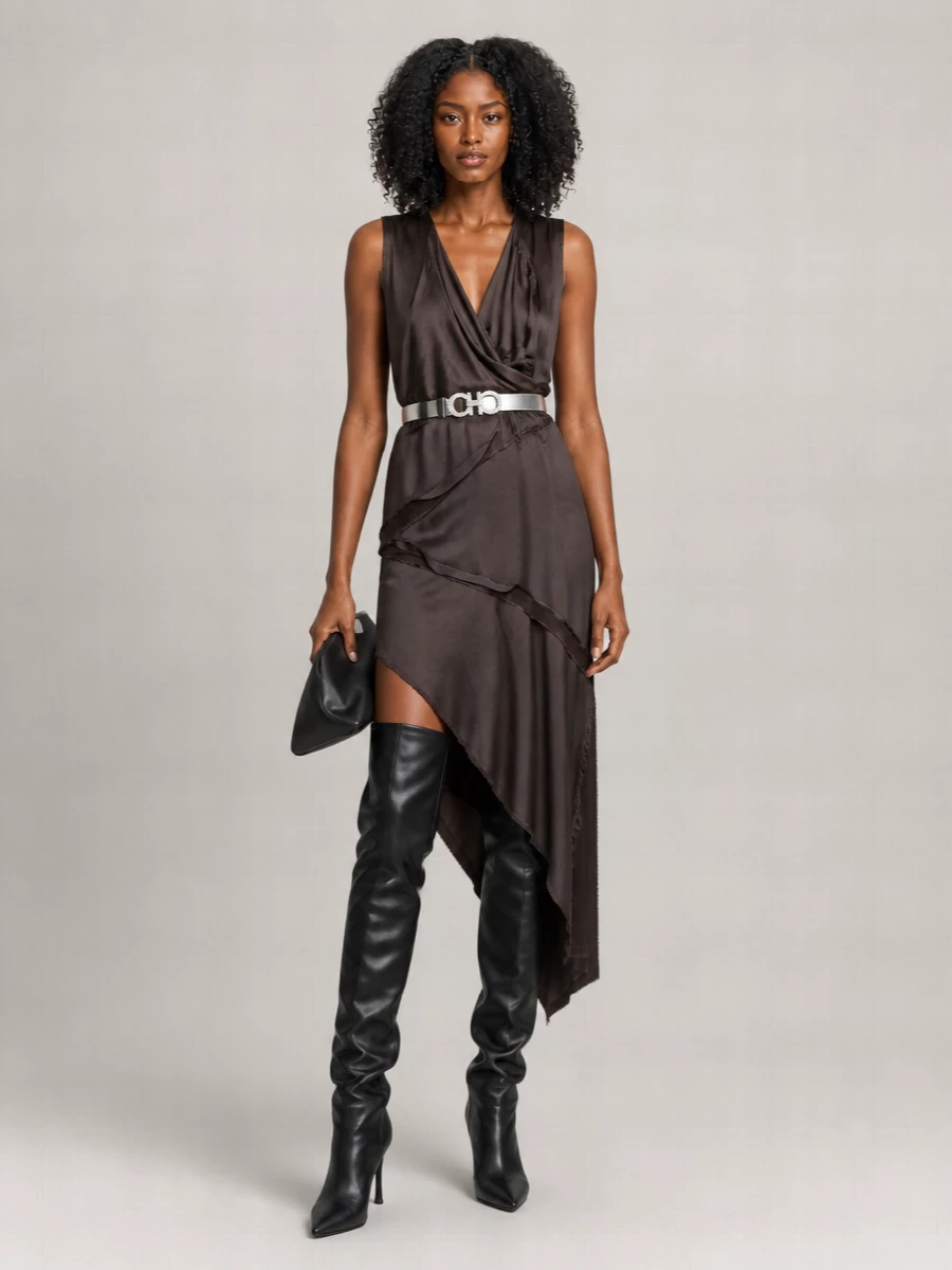 The Attico Asymmetric Draped Midi Dress